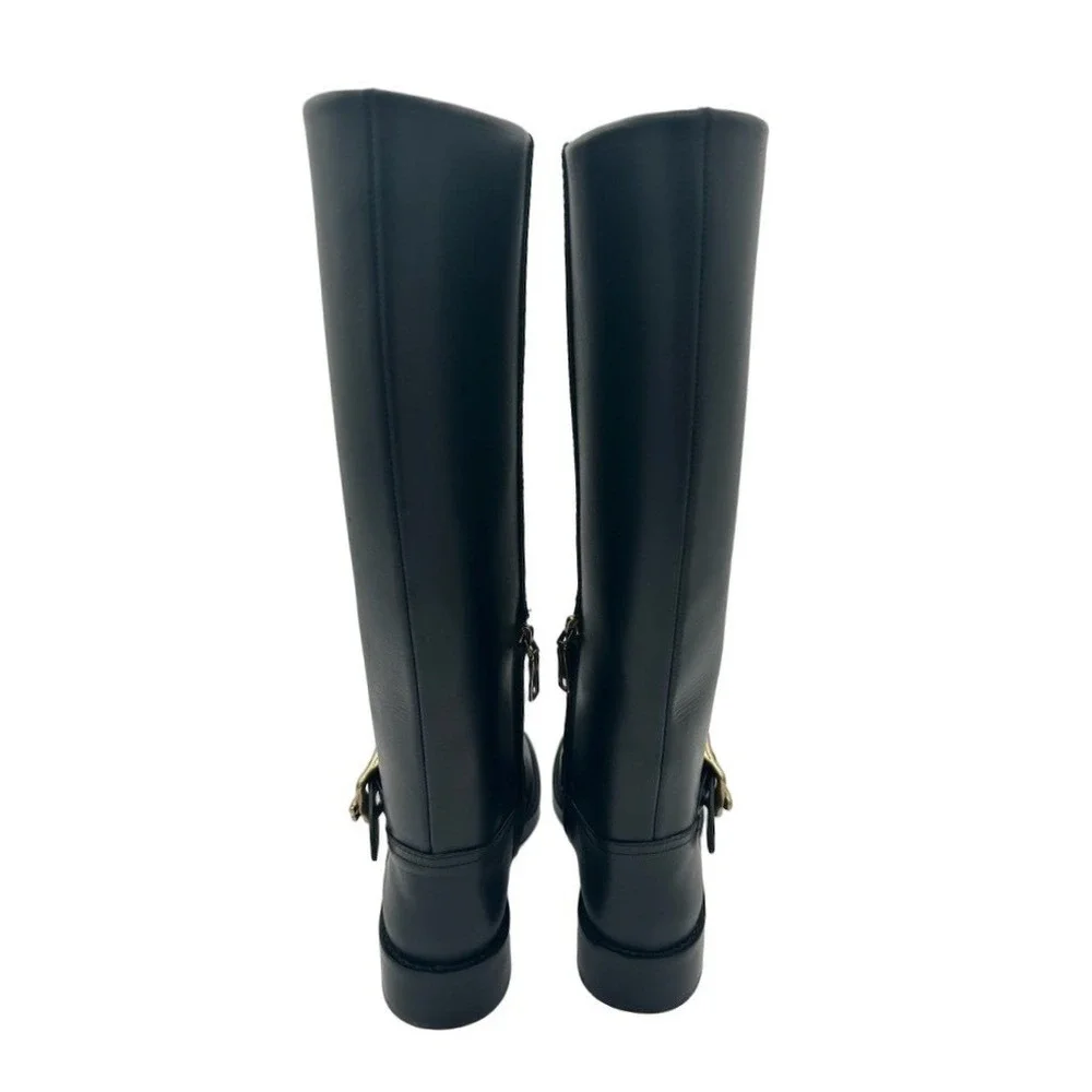 New Coach CW978 Knee High Boots Women's Size 5 B Black Leather Buckle Zip